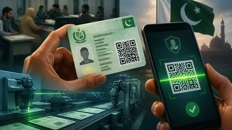 اس خبر کے لیے متحرک اداریاتی خاکہ: نادرا نے چپ کی جگہ کیو آر کوڈ والے نئے پولی کاربونیٹ شناختی کارڈ متعارف کرا دیے