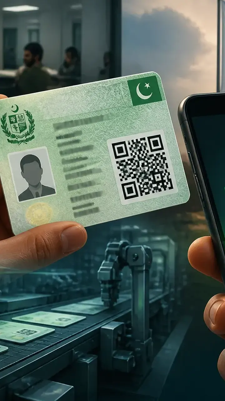 Animated editorial illustration for: NADRA Replaces Chip with QR Code in New Polycarbonate ID Cards