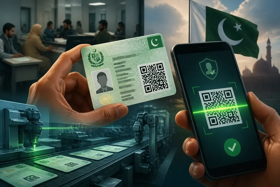Animated editorial illustration for: NADRA Replaces Chip with QR Code in New Polycarbonate ID Cards