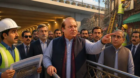 Animated editorial illustration for: Nawaz Sharif conducts surprise visit in Lahore, inspects development projects