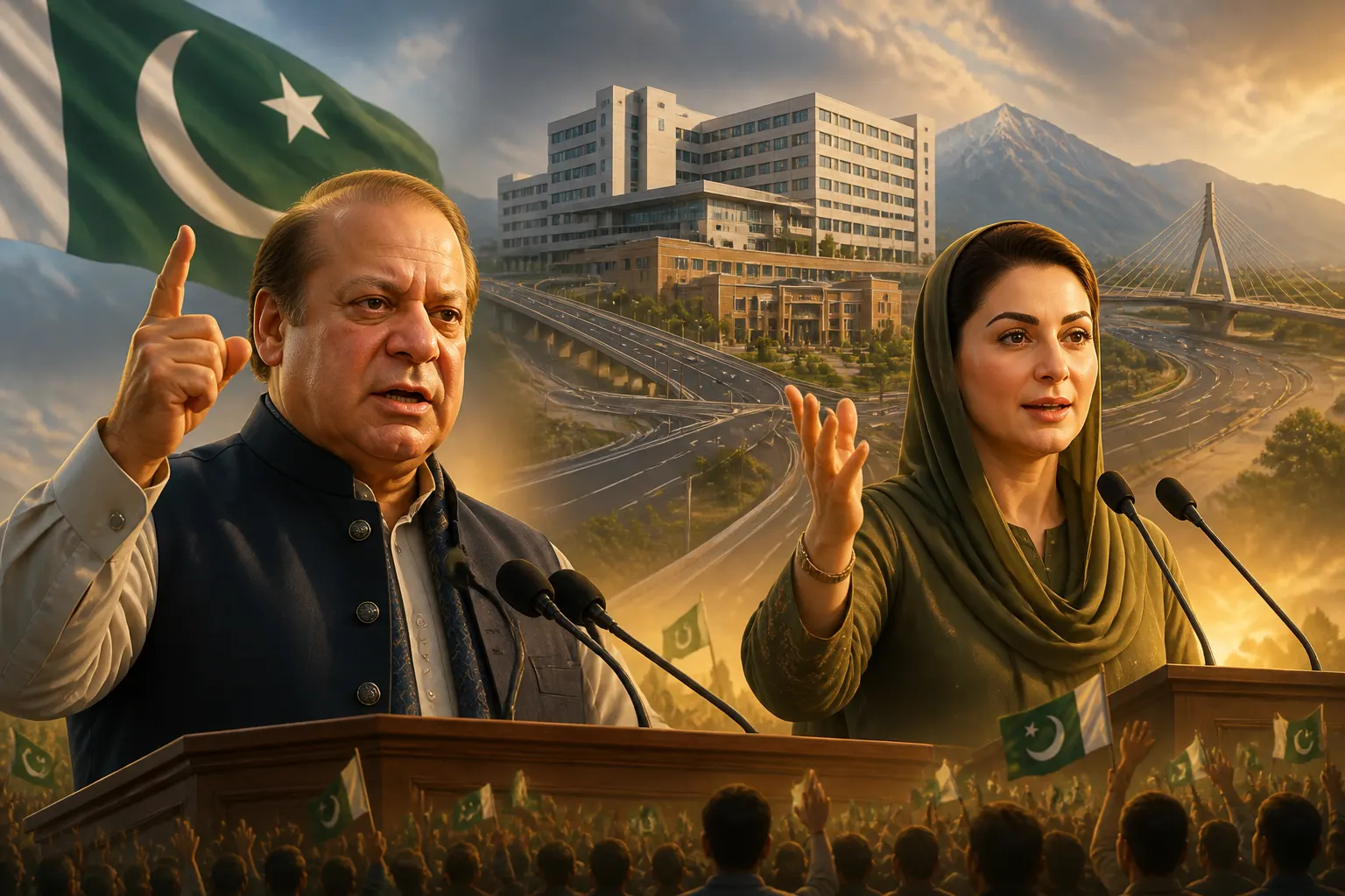 Animated editorial illustration: Nawaz Sharif Criticises PTI Tenure; Maryam Calls Him 'Founder of Modern Pakistan'. PML-N leader Nawaz Sharif has strongly criticised the tenure of the previous PTI government, stating their slogans were “useless.” He claimed that he had never before seen Pakistan in…