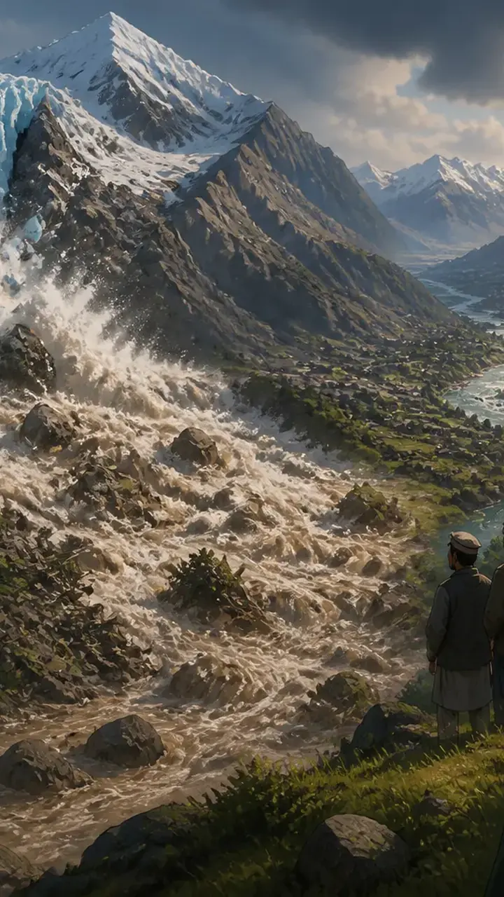 Animated editorial illustration for: Nepal Glacier Collapse Puts Pakistan on High Alert for Floods