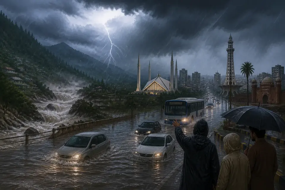 Animated editorial illustration for: Heavy Rains Cause Flooding and Destruction in Punjab