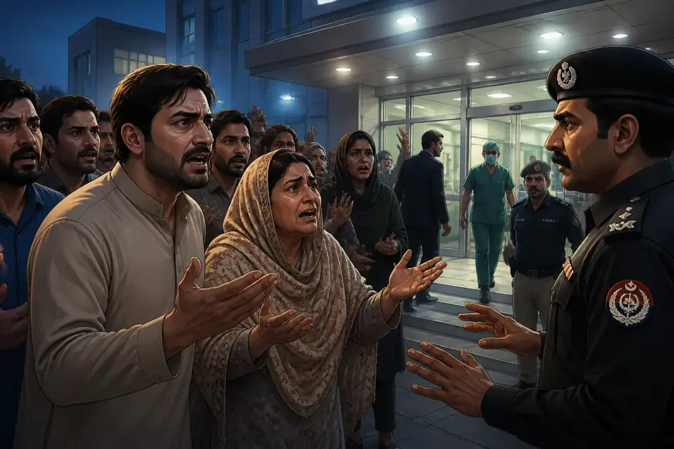 Animated editorial illustration for: Newborn reported missing from Karachi hospital after mother’s C-section