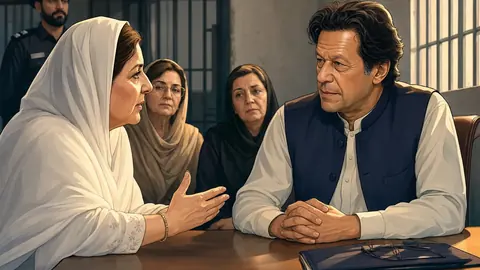 Animated editorial illustration for: Noreen Niazi Meets Imran Khan at Adiala Jail