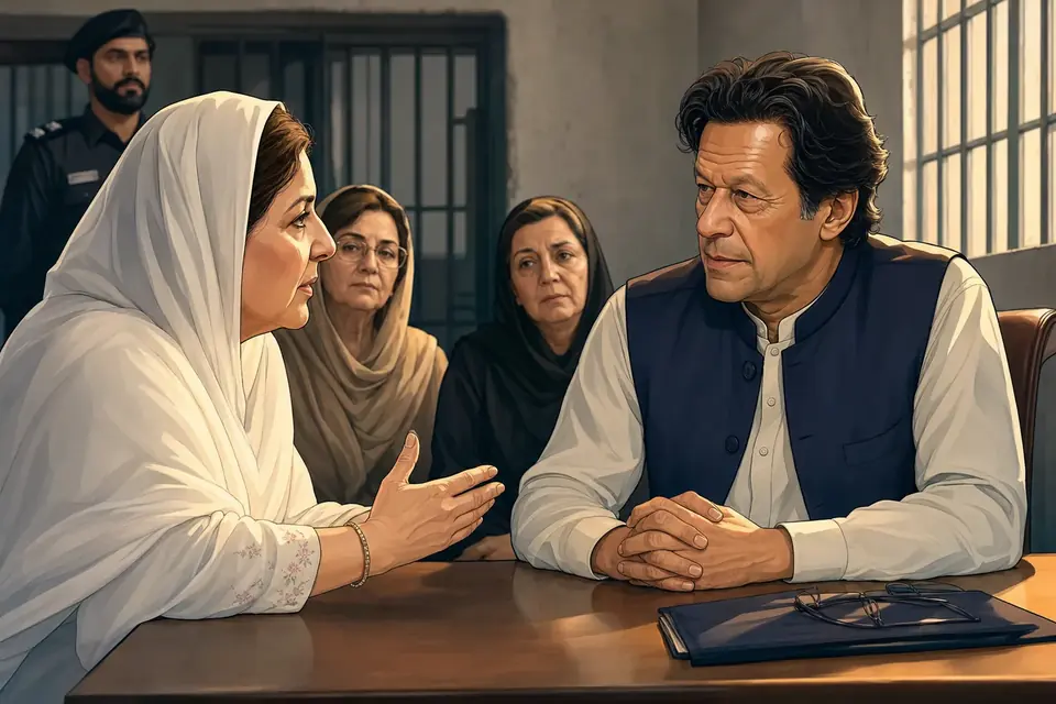 Animated editorial illustration for: Noreen Niazi Meets Imran Khan at Adiala Jail