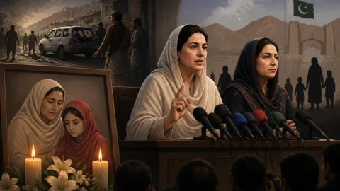 Animated editorial illustration for: Officials Condemn Killing of Mother and Daughter in Noshki Attack