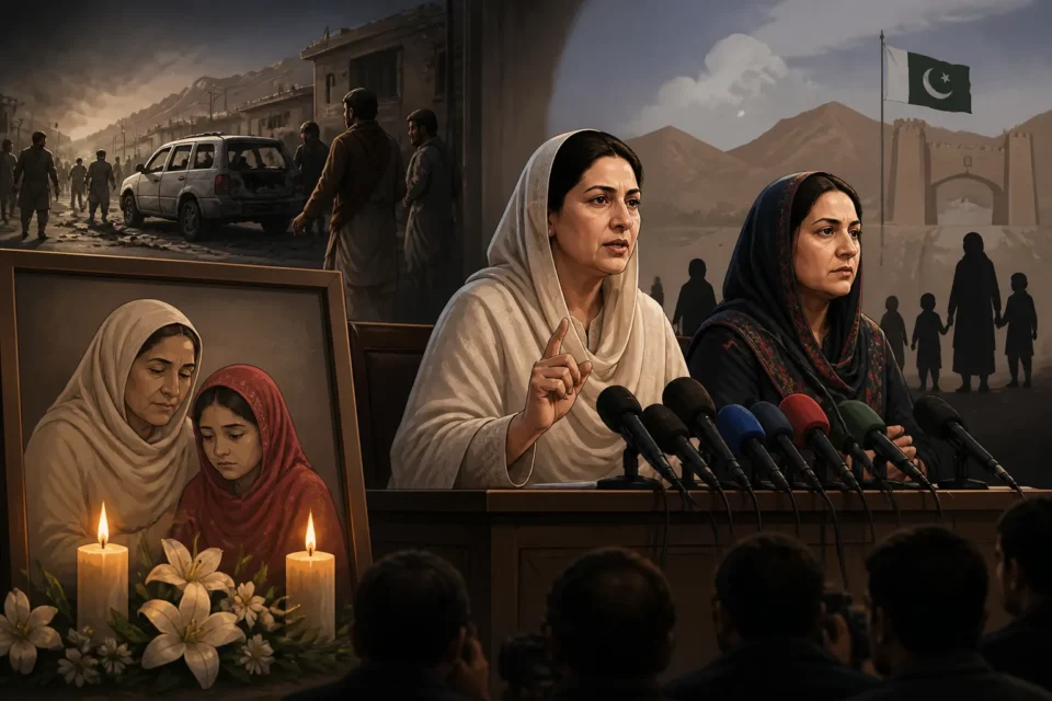 Animated editorial illustration: Officials Condemn Killing of Mother and Daughter in Noshki Attack. Two women, a mother and her daughter, were killed in an attack in Noshki, Balochistan, according to officials.