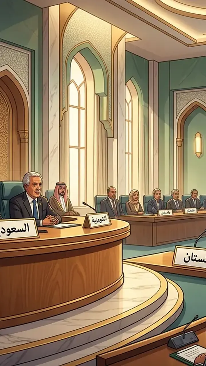 Animated editorial illustration for: OIC Foreign Ministers to Meet in Jeddah on Gaza, West Bank Situation
