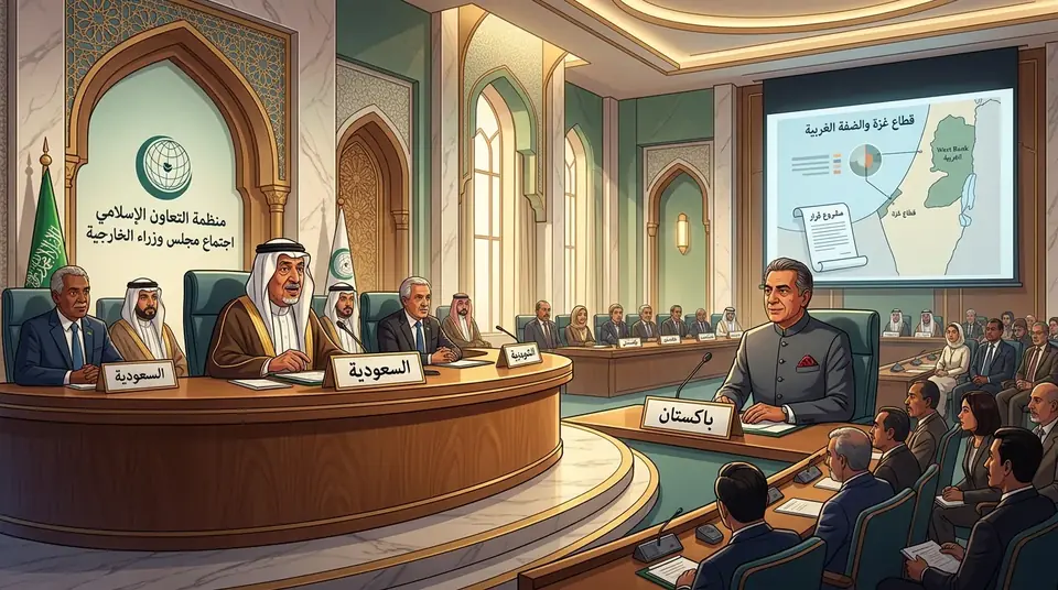 Animated editorial illustration for: OIC Foreign Ministers to Meet in Jeddah on Gaza, West Bank Situation
