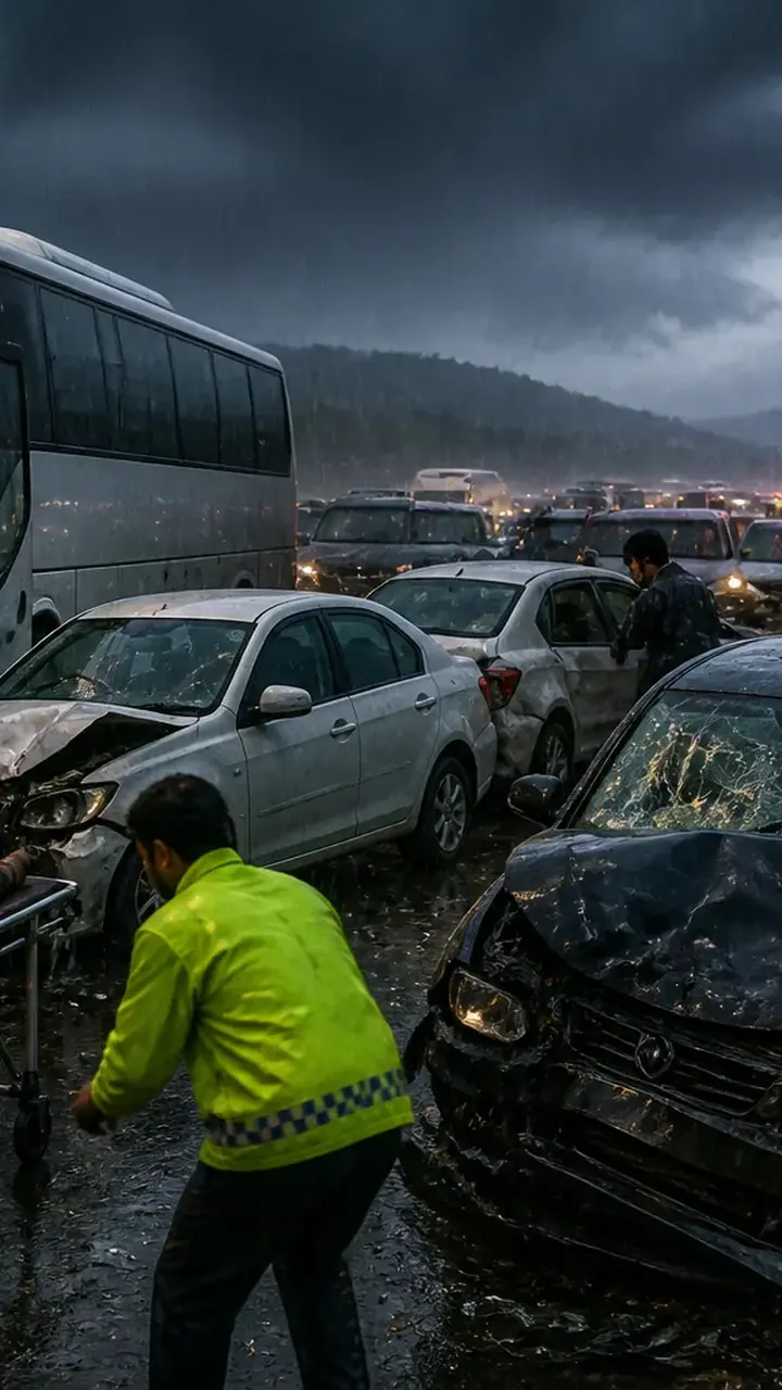 Animated editorial illustration for: One killed, 30 injured in multi-vehicle crash on M2 Motorway amid heavy rain