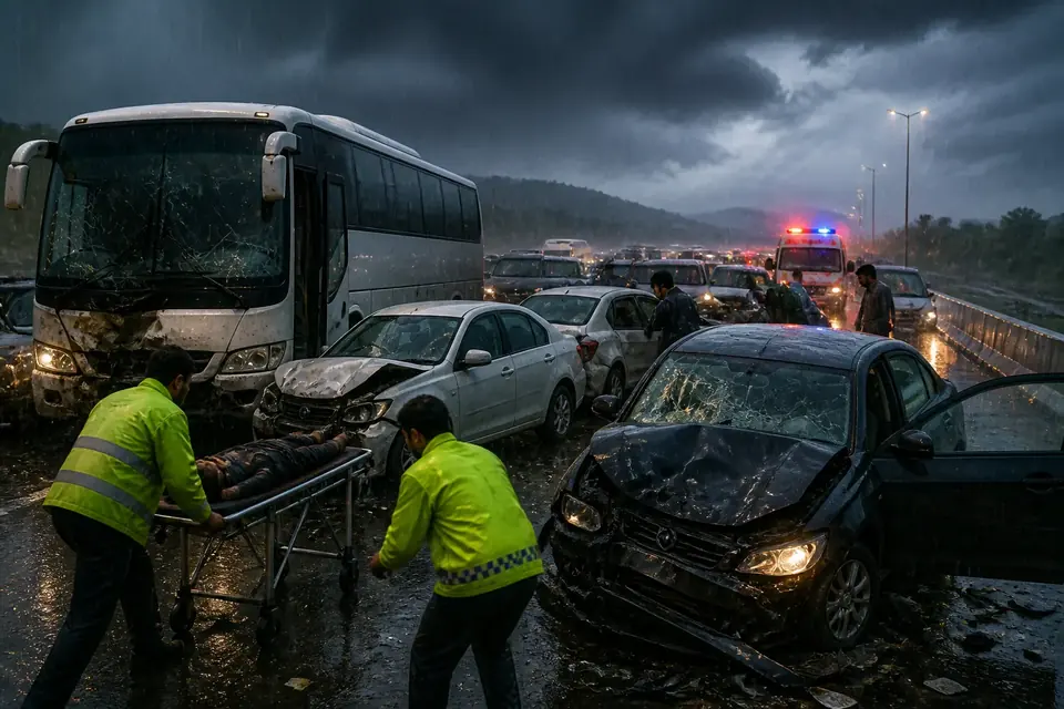 Animated editorial illustration for: One killed, 30 injured in multi-vehicle crash on M2 Motorway amid heavy rain