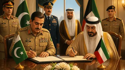 Animated editorial illustration for: Pakistan and Kuwait sign protocol on defence cooperation