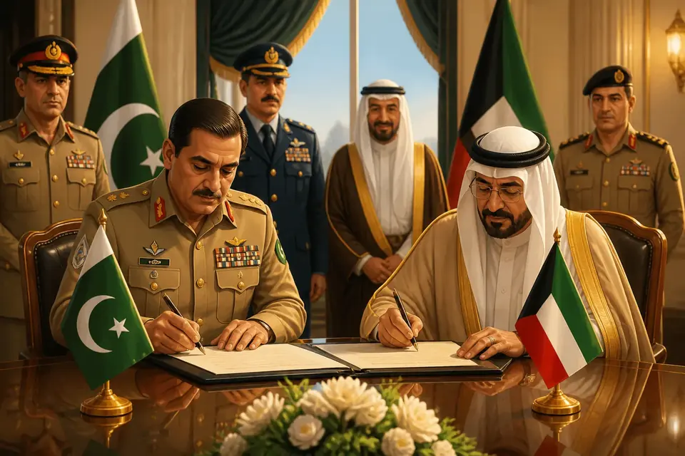 Animated editorial illustration for: Pakistan and Kuwait sign protocol on defence cooperation