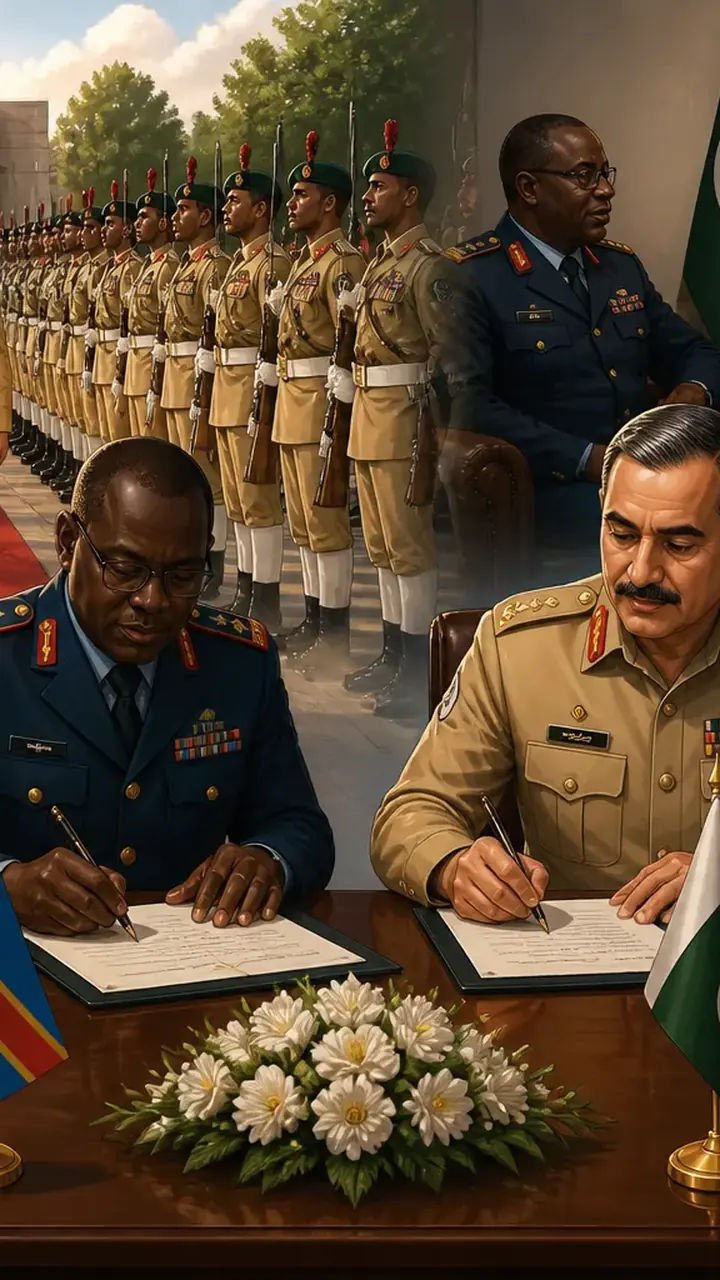 Animated editorial illustration for: Pakistan, DR Congo Sign MoU to Boost Defence and Security Cooperation
