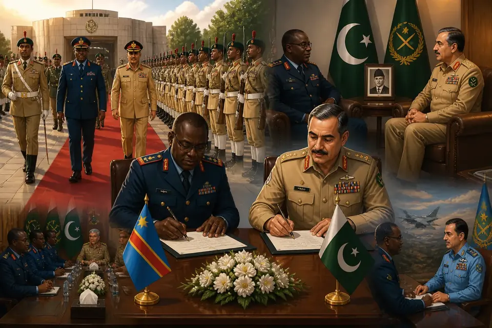 Animated editorial illustration for: Pakistan, DR Congo Sign MoU to Boost Defence and Security Cooperation