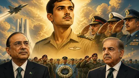 Animated editorial illustration for: Pakistan honours Rashid Minhas Shaheed on 55th death anniversary