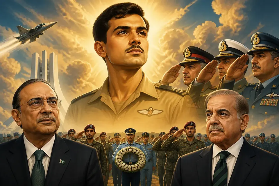 Animated editorial illustration for: Pakistan honours Rashid Minhas Shaheed on 55th death anniversary
