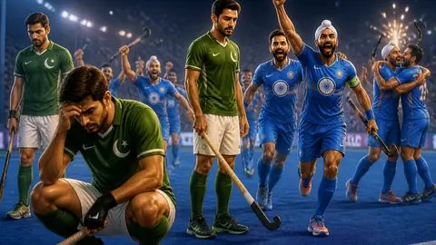 Animated editorial illustration for: Pakistan knocked out of Hockey World Cup after 5-3 loss to India