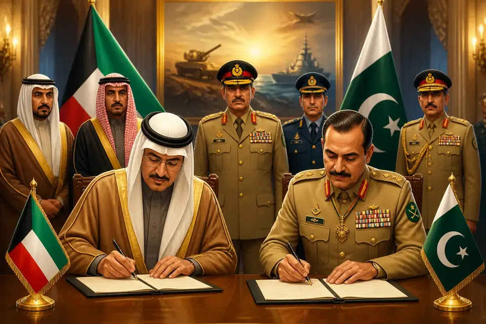 Animated editorial illustration for: Pakistan, Kuwait Vow to Strengthen Defence Partnership, Sign Protocol Agreement