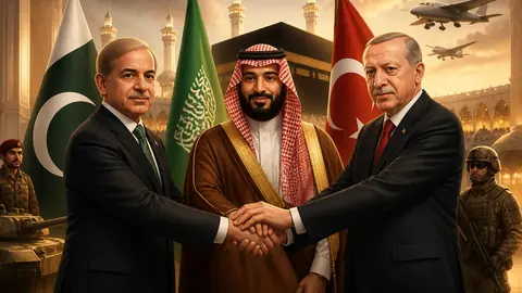 Animated editorial illustration for: Pakistan, Saudi Arabia, Turkey Sign Strategic Defence Agreement