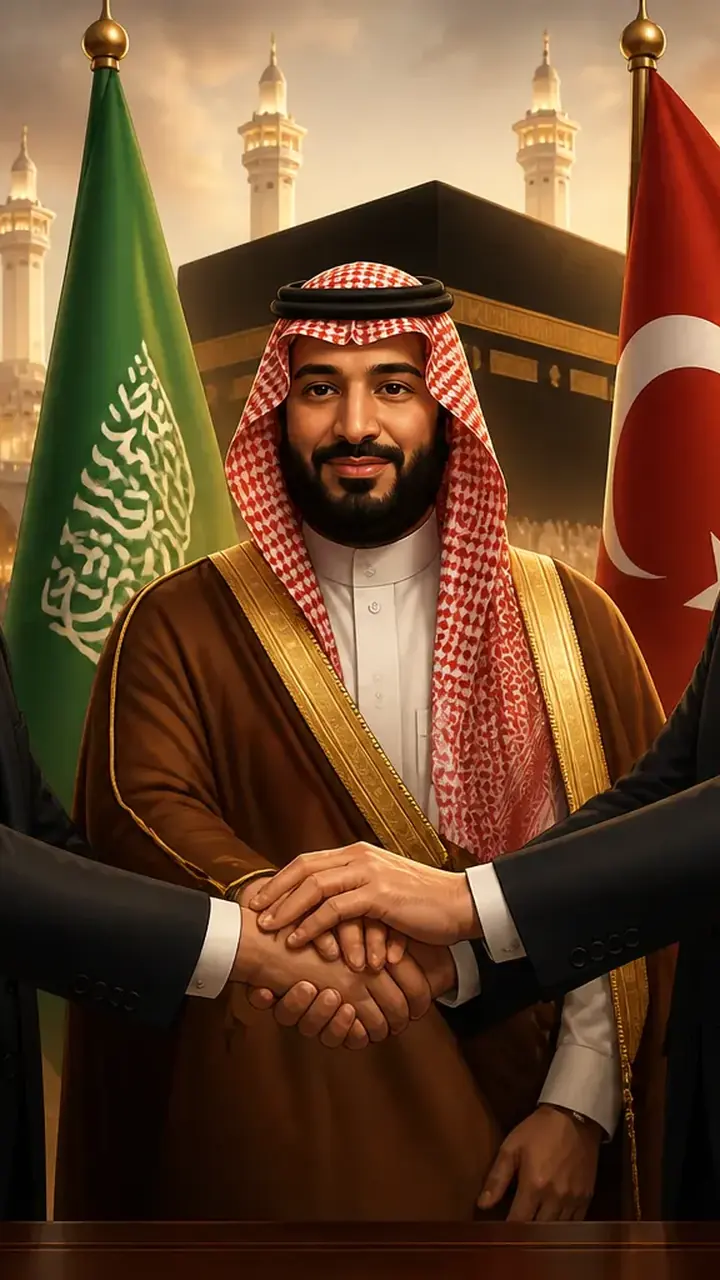 Animated editorial illustration for: Pakistan, Saudi Arabia, Turkey Sign Strategic Defence Agreement