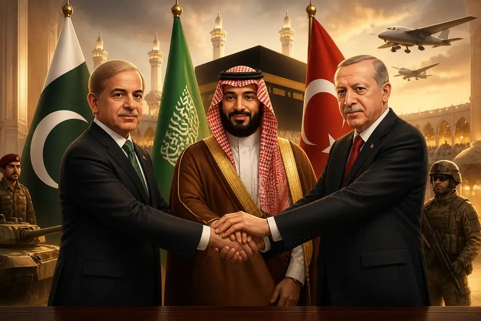Animated editorial illustration for: Pakistan, Saudi Arabia, Turkey Sign Strategic Defence Agreement