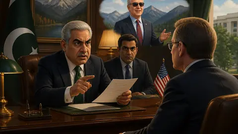 Animated editorial illustration for: Pakistan protests US envoy’s Kashmir remarks during IOK visit