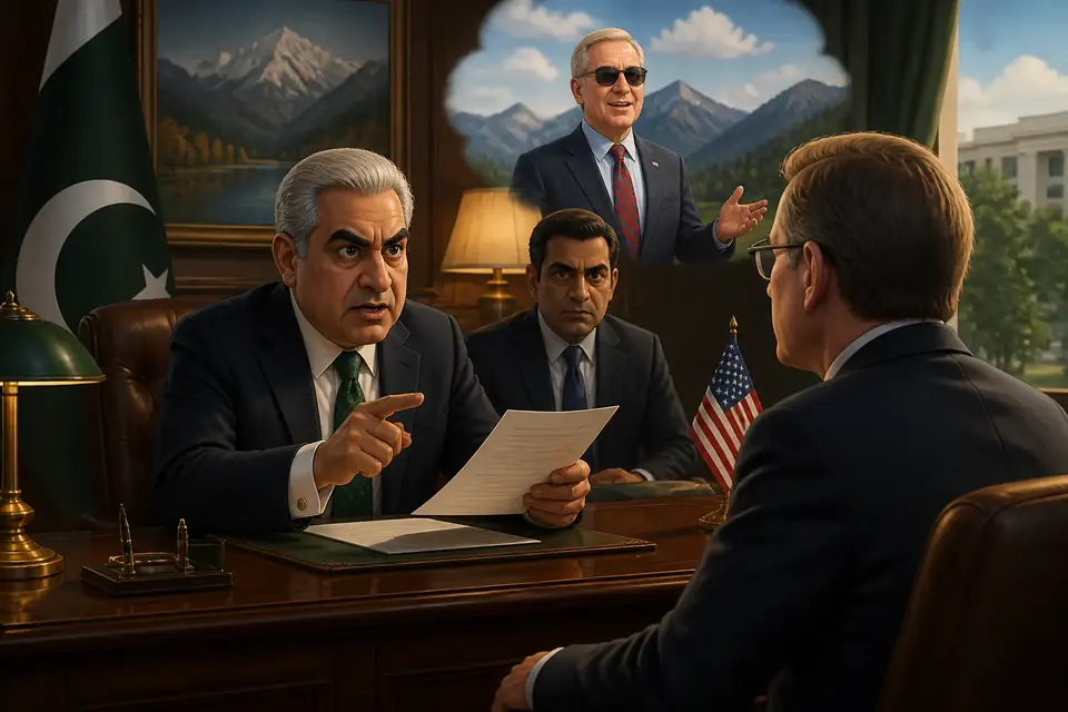 Animated editorial illustration for: Pakistan protests US envoy’s Kashmir remarks during IOK visit