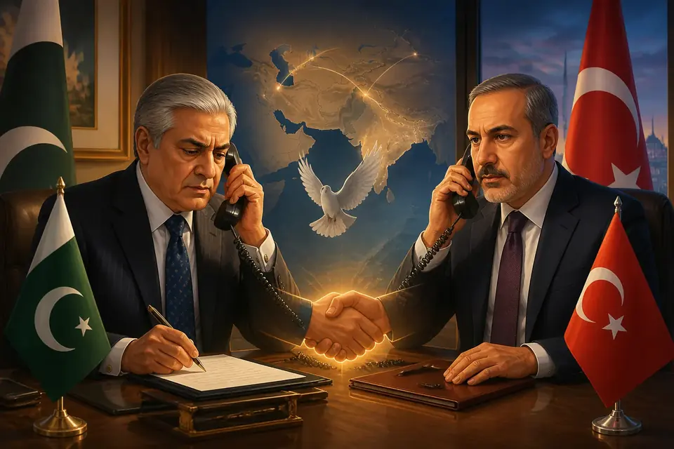 Animated editorial illustration for: Pakistan, Türkiye FMs discuss regional situation, stress diplomacy