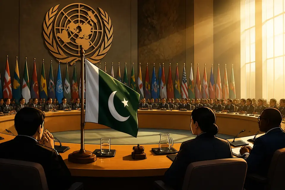 Animated editorial illustration for: Pakistan assumes presidency of UN Conference on Disarmament