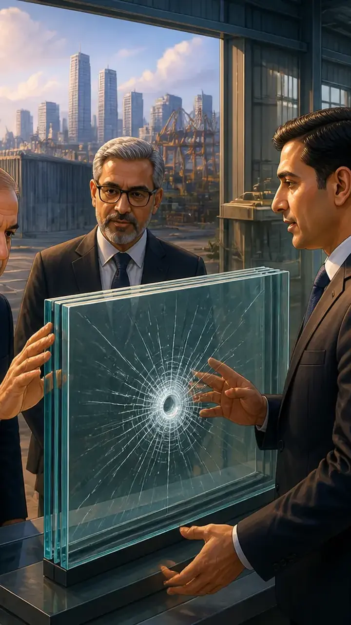 Animated editorial illustration for: Pakistan to establish first bulletproof glass factory in Karachi