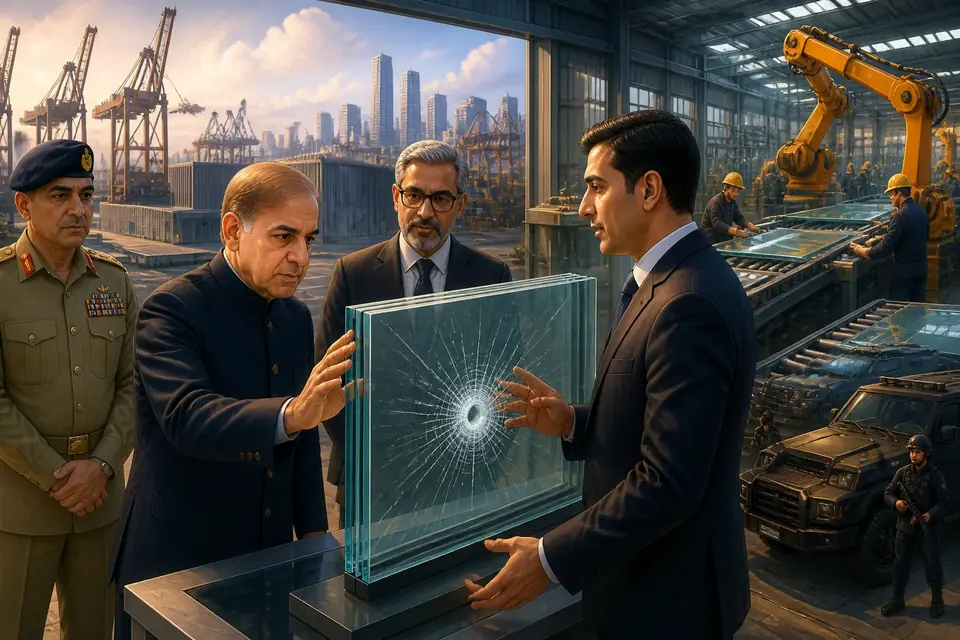 Animated editorial illustration for: Pakistan to establish first bulletproof glass factory in Karachi