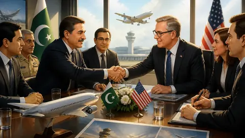 Animated editorial illustration for: Pakistan, US Hold High-Level Talks on Resuming Direct Flights