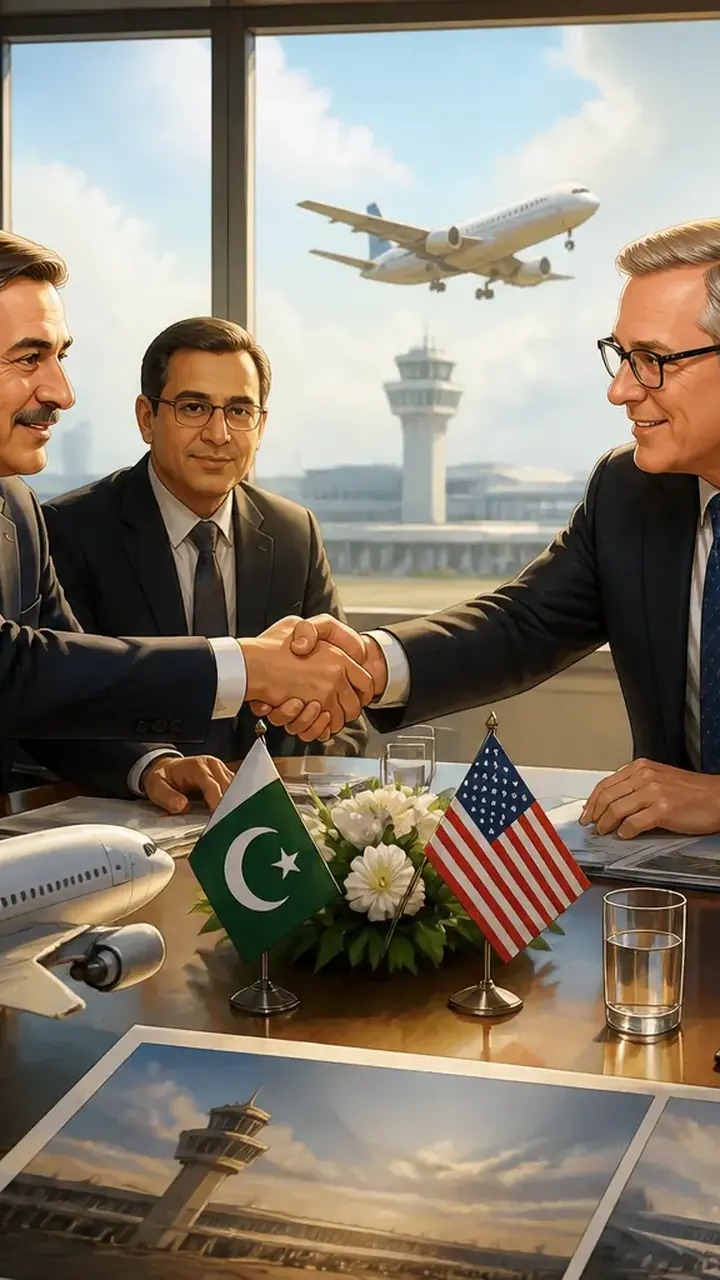 Animated editorial illustration for: Pakistan, US Hold High-Level Talks on Resuming Direct Flights