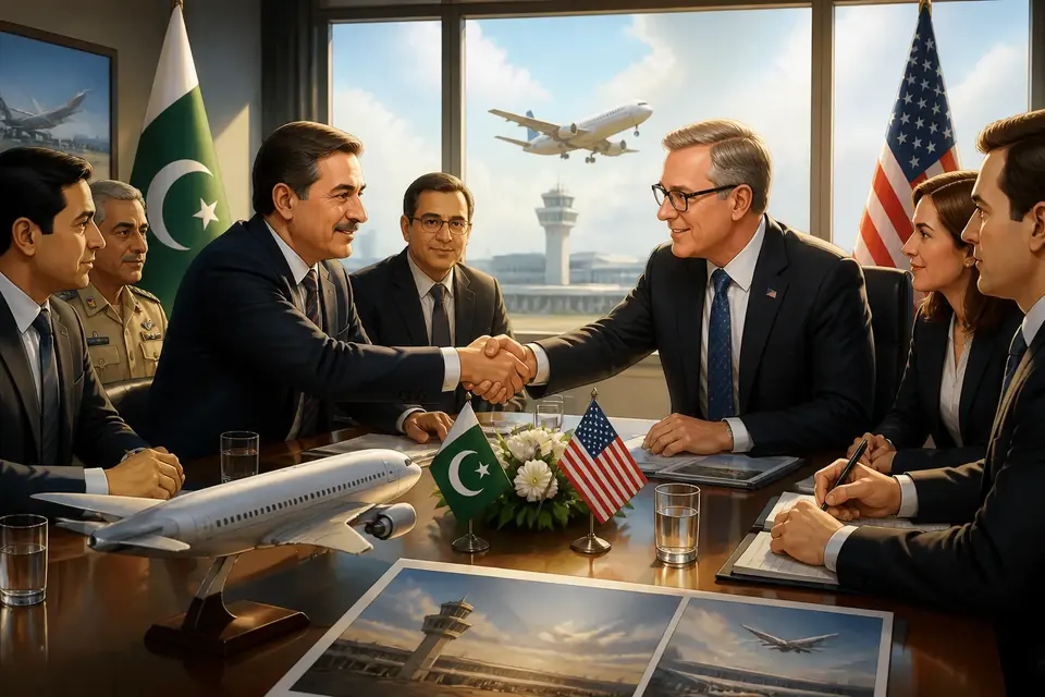 Animated editorial illustration for: Pakistan, US Hold High-Level Talks on Resuming Direct Flights