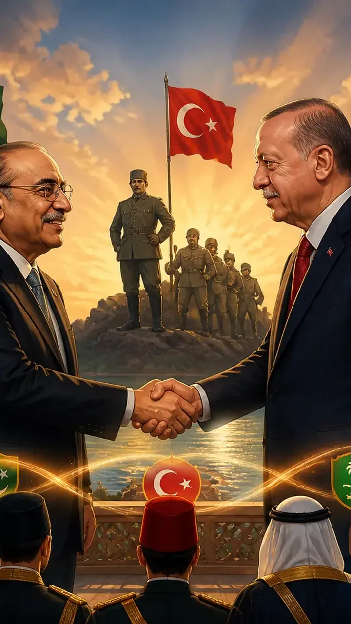 Animated editorial illustration for: Pakistan Reaffirms ‘Ironclad’ Defence Ties with Turkiye at GHQ Ceremony