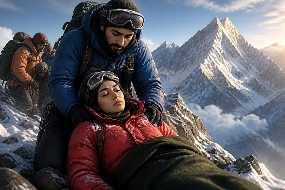 Animated editorial illustration for: Pakistani mountaineer Asma Mushtaq dies during Spantik Peak expedition