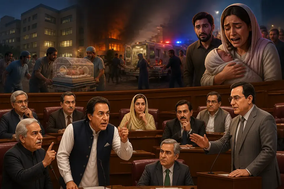 Animated editorial illustration for: Parliament demands probe into PIMS nursery fire, NA passes resolution