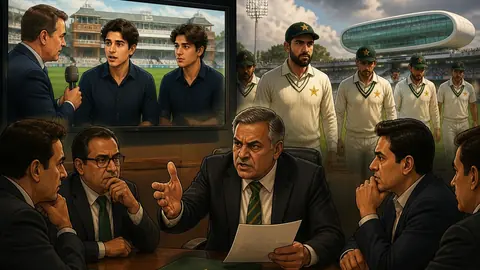 Animated editorial illustration for: PCB protests broadcast of Imran Khan’s sons’ interview during Lord’s Test