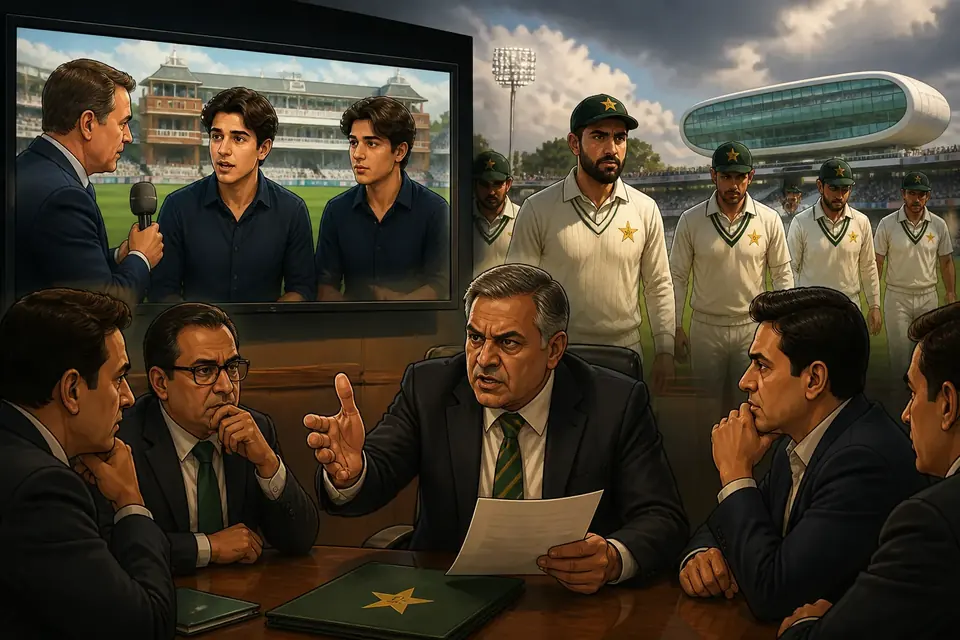 Animated editorial illustration for: PCB protests broadcast of Imran Khan’s sons’ interview during Lord’s Test