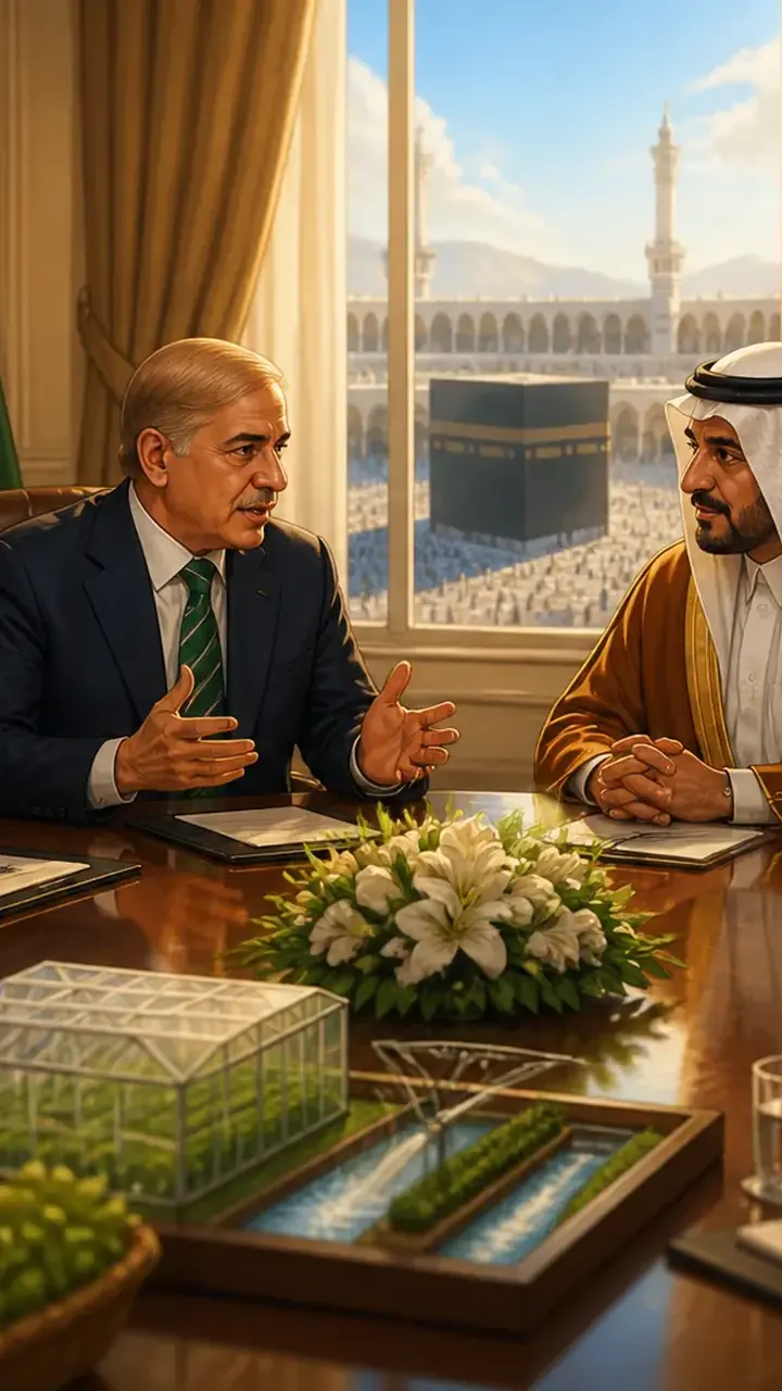 Animated editorial illustration for: PM Shehbaz calls for deeper Pakistan-Saudi economic ties after Makkah pact