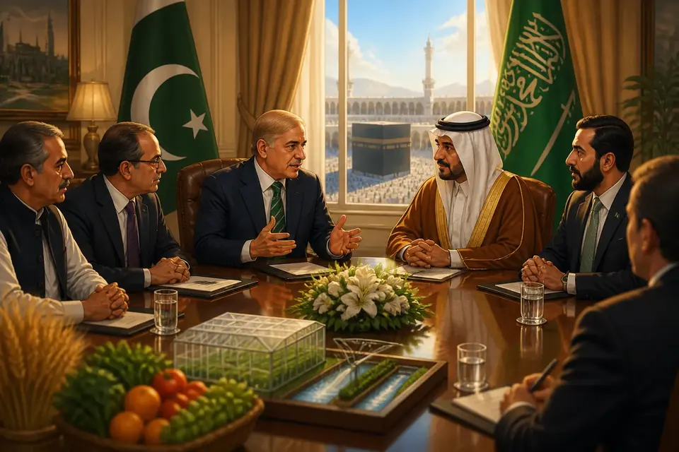 Animated editorial illustration for: PM Shehbaz calls for deeper Pakistan-Saudi economic ties after Makkah pact