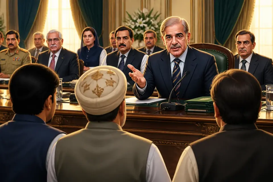 Animated editorial illustration for: Cabinet approves key defence bills; PM renews talks offer to opposition