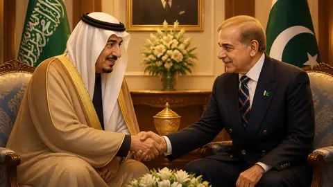 Animated editorial illustration for: PM Shehbaz Sharif meets outgoing Saudi Ambassador Nawaf Al-Malki