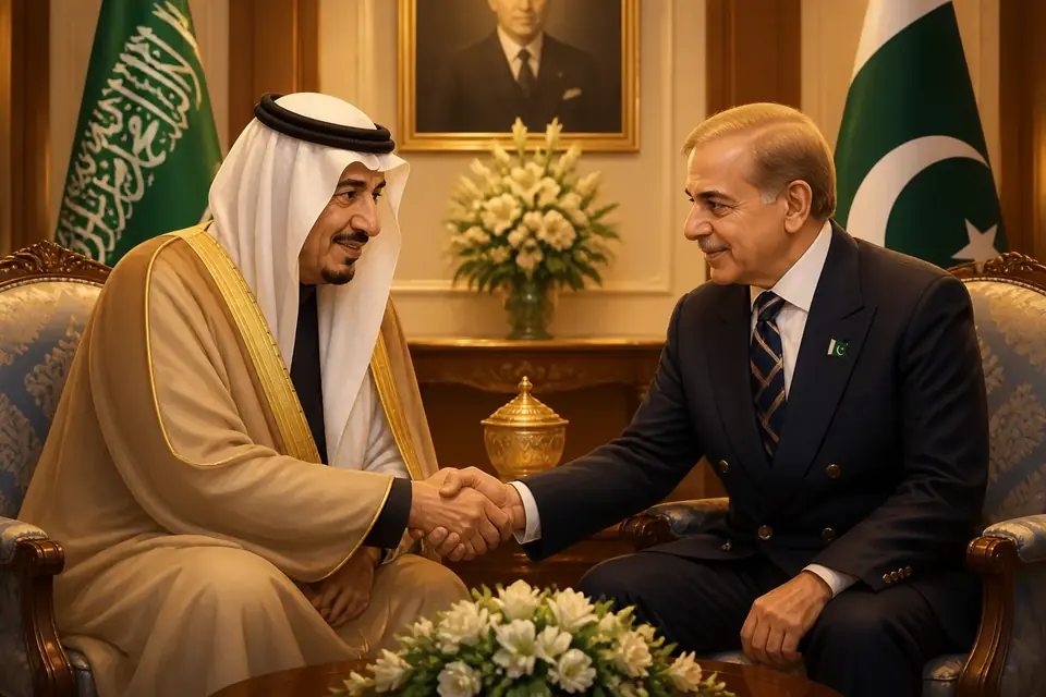 Animated editorial illustration for: PM Shehbaz Sharif meets outgoing Saudi Ambassador Nawaf Al-Malki