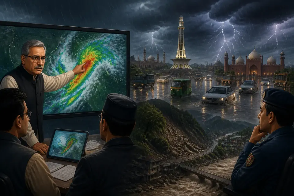 Animated editorial illustration for: New spell of heavy rain begins in central and northern Pakistan