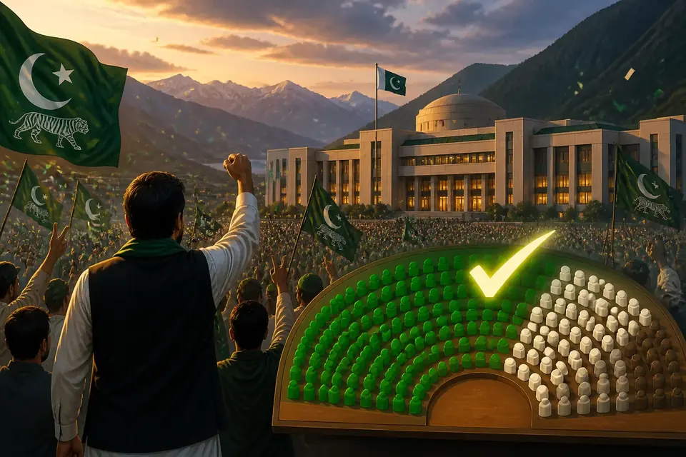 Animated editorial illustration for: PML-N finalises AJK PM candidate, announcement expected Aug 17