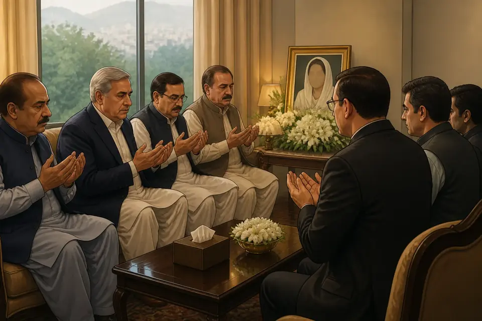 Animated editorial illustration for: PML-N delegation led by Ishaq Dar visits Barrister Gohar for condolences