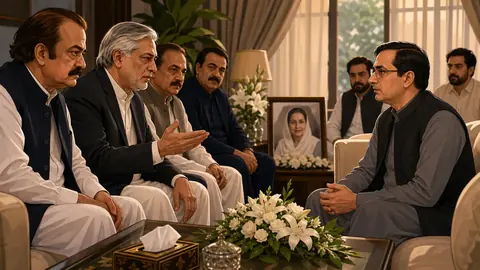 Animated editorial illustration for: PML-N delegation led by Ishaq Dar visits Barrister Gohar for condolences